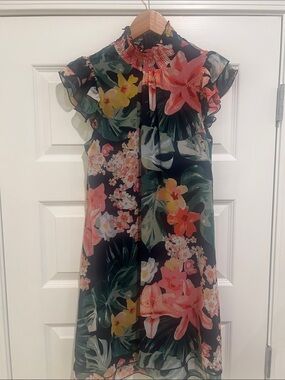 Eliza J Black Floral Ruffle-Neck Dress with Coral & Yellow Blooms